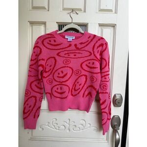 Cotton Emporium Smiley Face Sweater Pink‎ Red Knit Pullover Funky Size Small